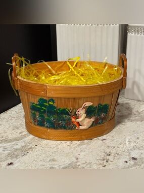 Hand-Painted Wooden Basket with Bunny Motif - Yellow Fill